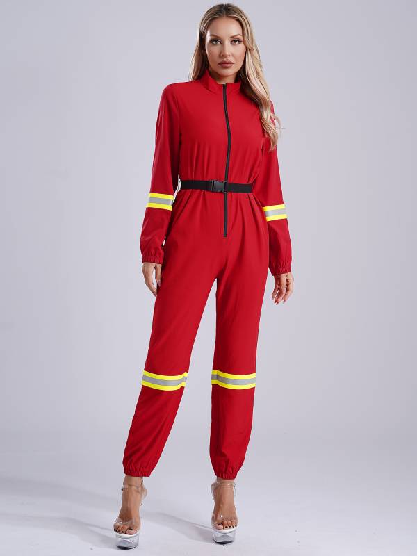 Women Stand Collar Long Sleeve Front Zipper Firefighter Costume Jumpsuit thumb