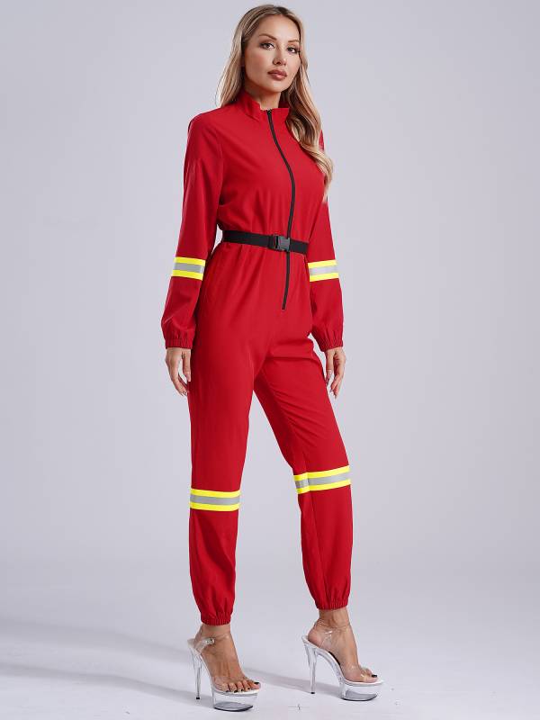 Women Stand Collar Long Sleeve Front Zipper Firefighter Costume Jumpsuit thumb