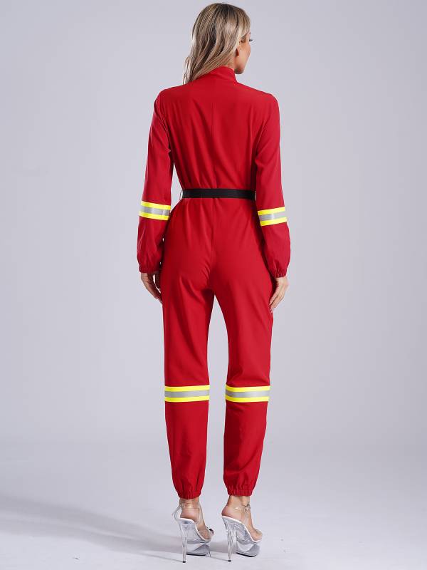 Women Stand Collar Long Sleeve Front Zipper Firefighter Costume Jumpsuit thumb