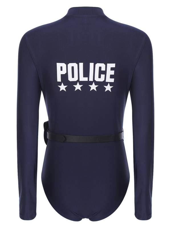 Women Long Sleeve Letter Print Bodysuit with Belt and Purse Police Costume Suit thumb