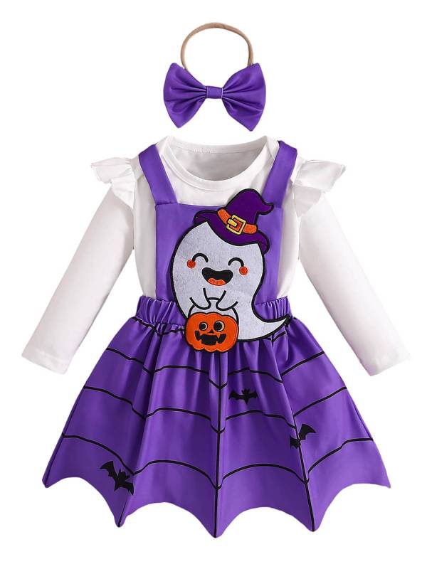 Baby Girl Halloween Ghost Pumpkin Print Cotton Romper and Dress Set thumb