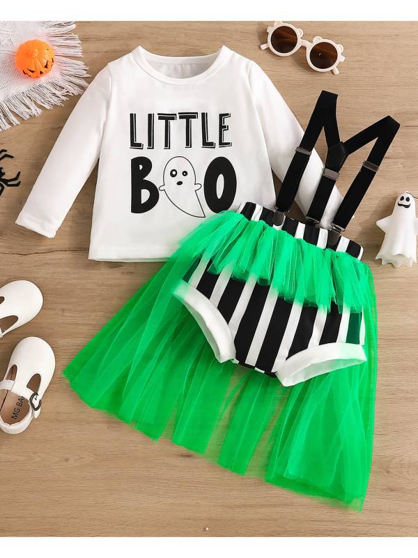 Baby Girls Halloween Long Sleeve T-shirt and Stripe Tulle Shorts Set thumb