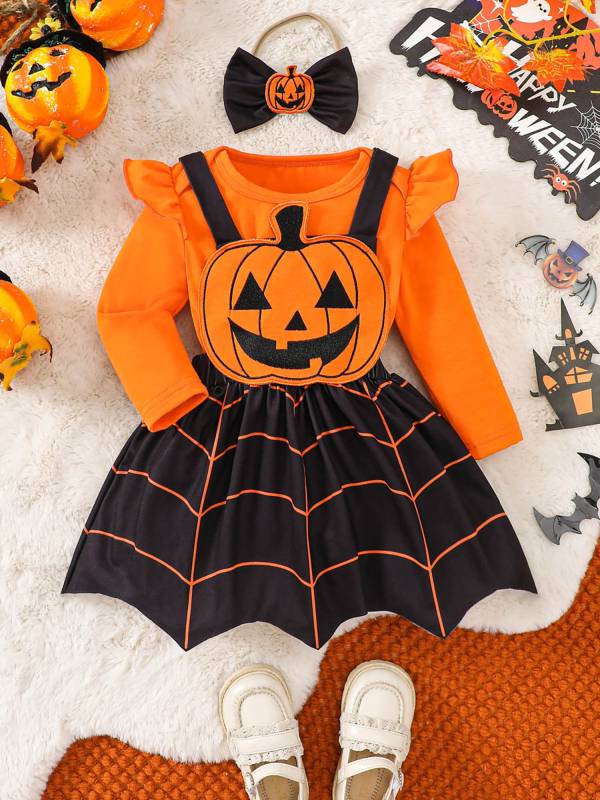 Baby Girl Romper and Dress Set Pumpkin Spider Web Halloween Costume thumb