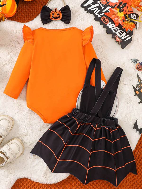 Baby Girl Romper and Dress Set Pumpkin Spider Web Halloween Costume thumb