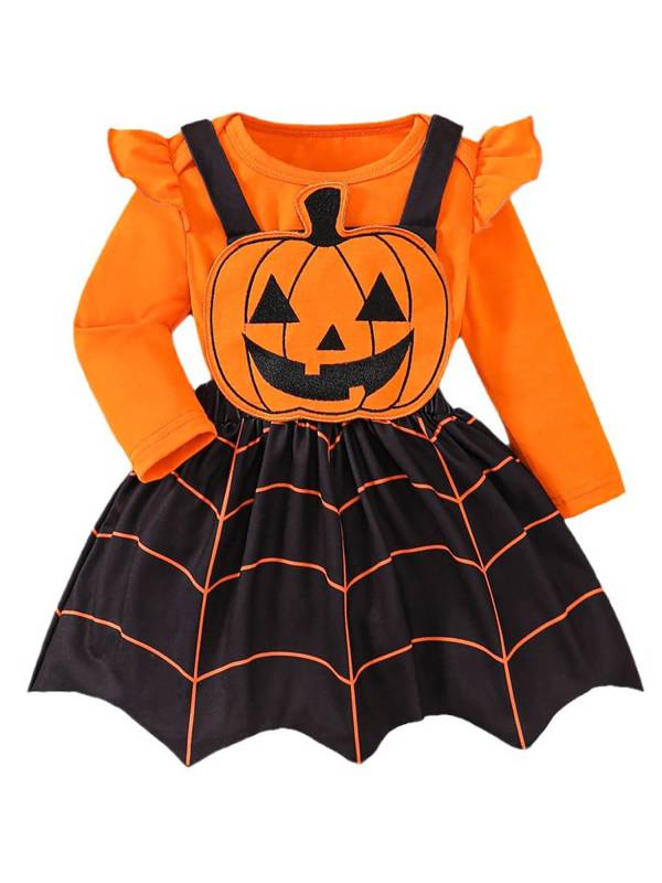 Baby Girl Romper and Dress Set Pumpkin Spider Web Halloween Costume thumb