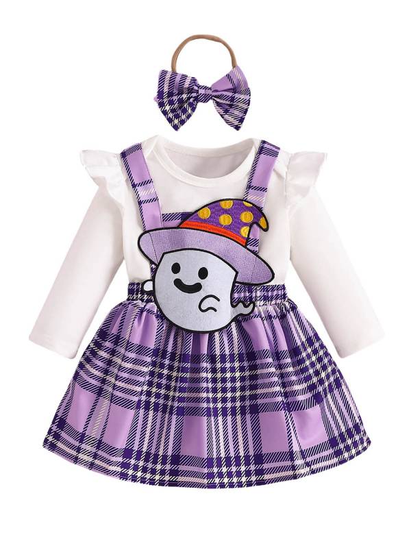 Baby Girls Halloween Long Sleeve Ghost Print Romper and Dress Set with Headband thumb