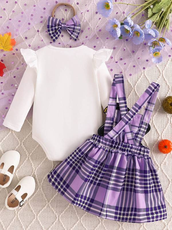 Baby Girls Halloween Long Sleeve Ghost Print Romper and Dress Set with Headband thumb