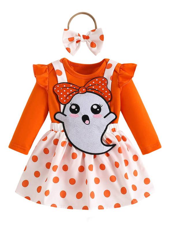 Baby Girls Halloween Long Sleeve Ghost Print Romper and Dress Set with Headband thumb