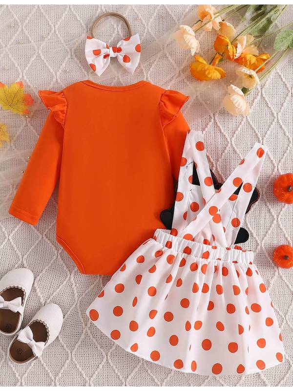 Baby Girls Halloween Long Sleeve Ghost Print Romper and Dress Set with Headband thumb