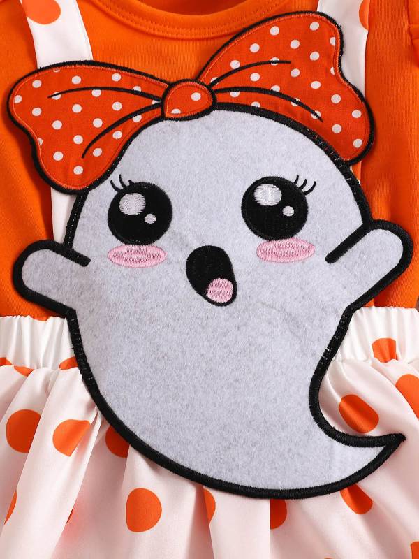 Baby Girls Halloween Long Sleeve Ghost Print Romper and Dress Set with Headband thumb