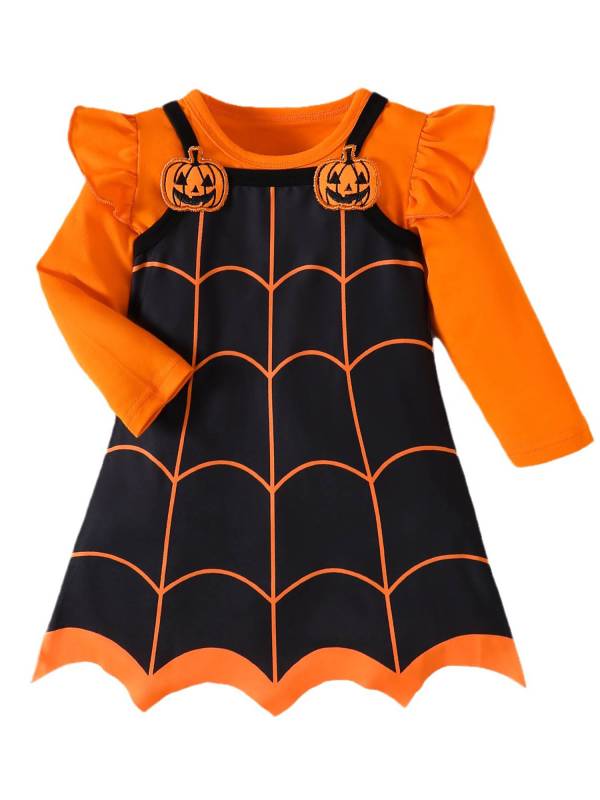 Toddler Girl Halloween 2pcs Long Sleeve T-Shirt and Pumpkin Tank Dress Set thumb