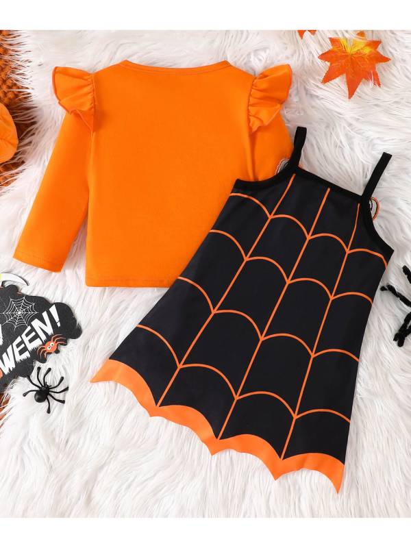 Toddler Girl Halloween 2pcs Long Sleeve T-Shirt and Pumpkin Tank Dress Set thumb