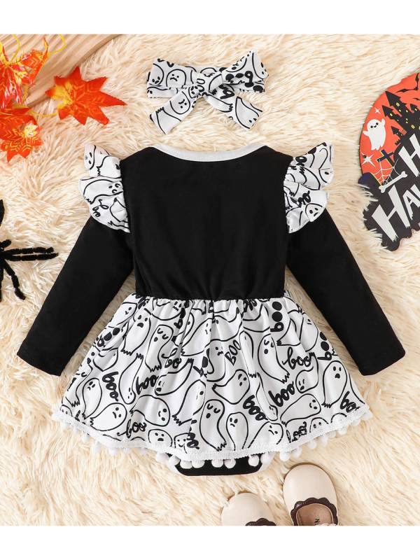 Baby Girl 1st Halloween Cute Ghost Romper Dress Tutu Bodysuit with Headband thumb