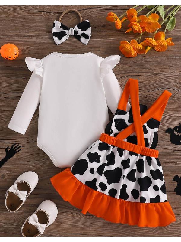 Baby Girl 3pcs Halloween Long Sleeve Romper and Pumpkin Dress with Headband thumb