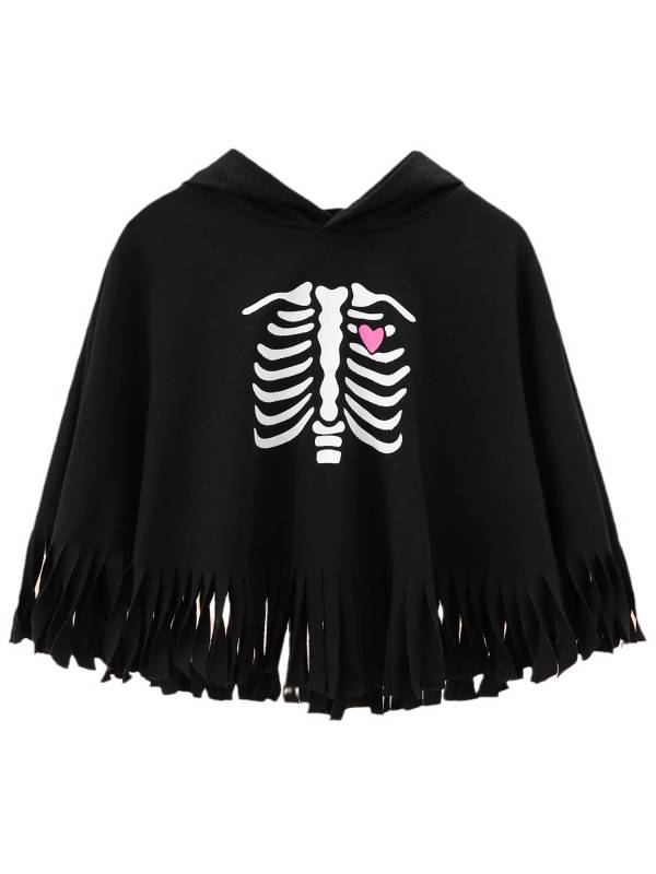 Toddler Girl Skeleton Print Tassels Hooded Cape Halloween Costume thumb