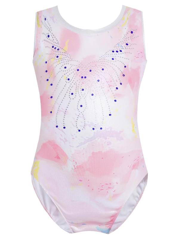 Kids Girls V Neck Sleeveless Shiny Rhinestones Gymnastics Leotard thumb