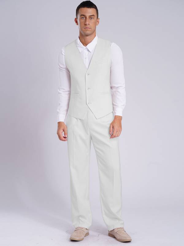 Men 2pcs V Neck Button-up Vest and Pants Set for Wedding Cocktail thumb