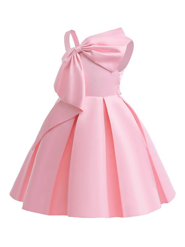 Kids Girls Asymmetrical Shoulder Big Bowknot Birthday Ball Gown Dress thumb