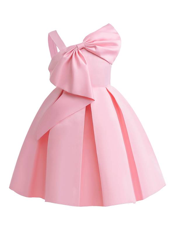 Kids Girls Asymmetrical Shoulder Big Bowknot Birthday Ball Gown Dress thumb