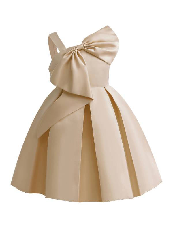 Kids Girls Asymmetrical Shoulder Big Bowknot Birthday Ball Gown Dress thumb