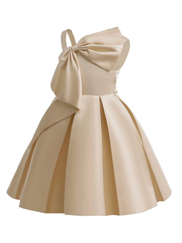 Kids Girls Asymmetrical Shoulder Big Bowknot Birthday Ball Gown Dress thumb