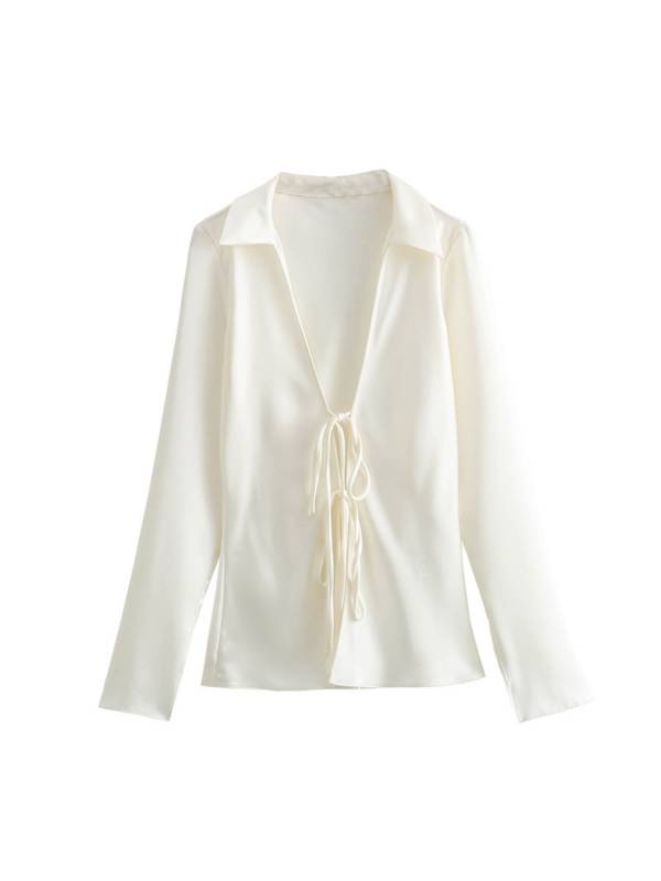 Women Long Sleeve Lapel Solid Color Silk Satin Shirt thumb