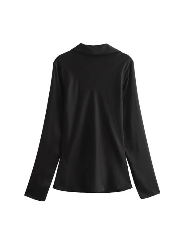 Women Long Sleeve Lapel Solid Color Silk Satin Shirt thumb