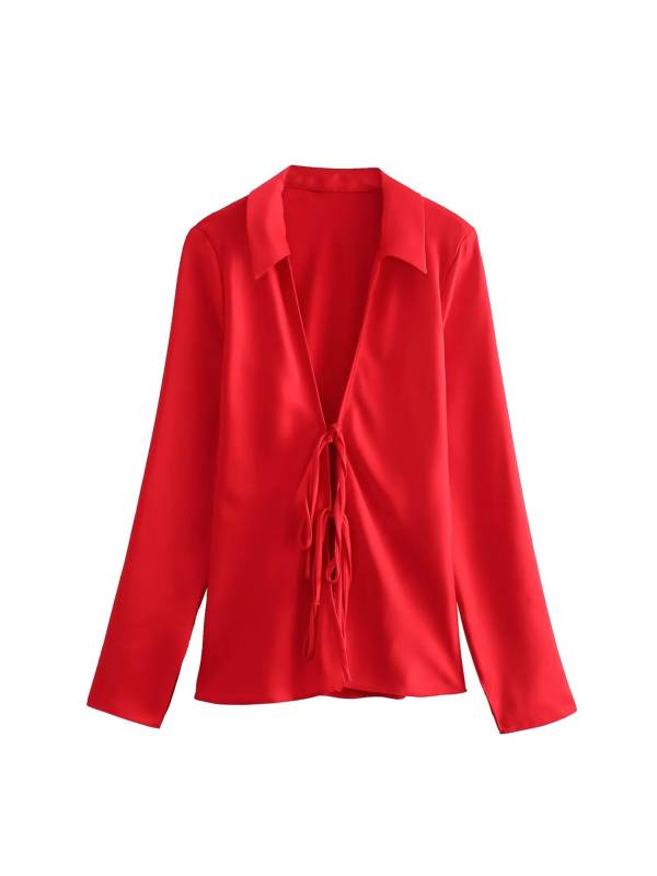 Women Long Sleeve Lapel Solid Color Silk Satin Shirt thumb