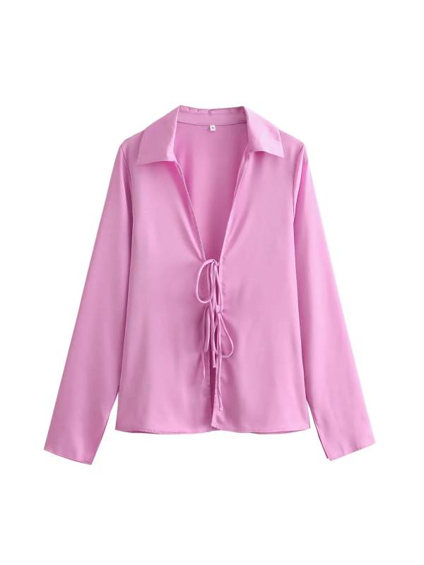 Women Long Sleeve Lapel Solid Color Silk Satin Shirt thumb