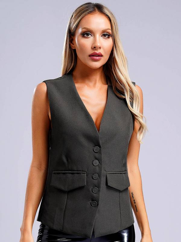 Women V Neck Button-up Solid Color Office Work Vest thumb