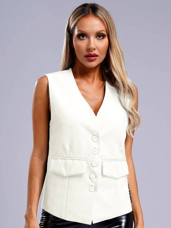 Women V Neck Button-up Solid Color Office Work Vest thumb