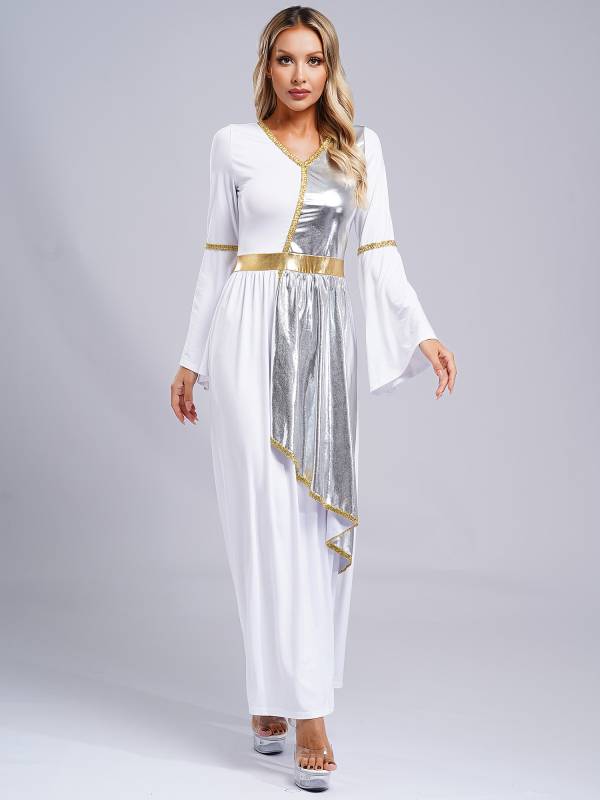 Women V Neck Flare Sleeve Metallic Overlay Roman Greek Toga Dress thumb