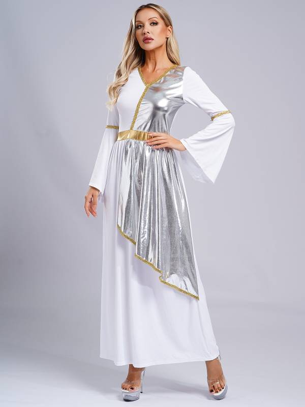 Women V Neck Flare Sleeve Metallic Overlay Roman Greek Toga Dress thumb