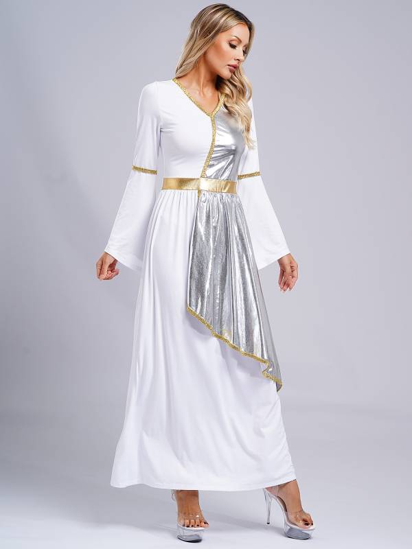 Women V Neck Flare Sleeve Metallic Overlay Roman Greek Toga Dress thumb