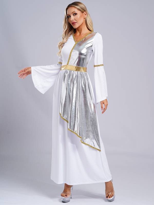 Women V Neck Flare Sleeve Metallic Overlay Roman Greek Toga Dress thumb