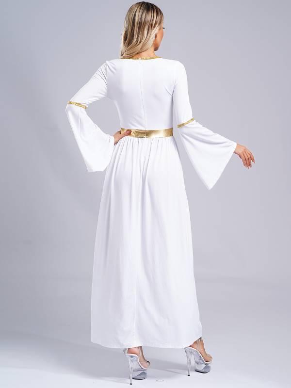 Women V Neck Flare Sleeve Metallic Overlay Roman Greek Toga Dress thumb