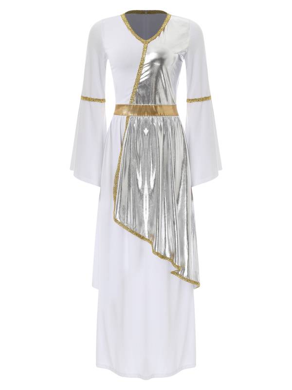 Women V Neck Flare Sleeve Metallic Overlay Roman Greek Toga Dress thumb