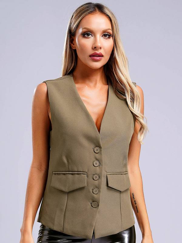 Women V Neck Button-up Solid Color Office Work Vest thumb