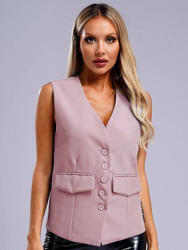 Women V Neck Button-up Solid Color Office Work Vest thumb