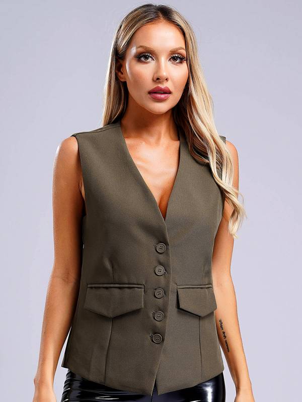 Women V Neck Button-up Solid Color Office Work Vest thumb