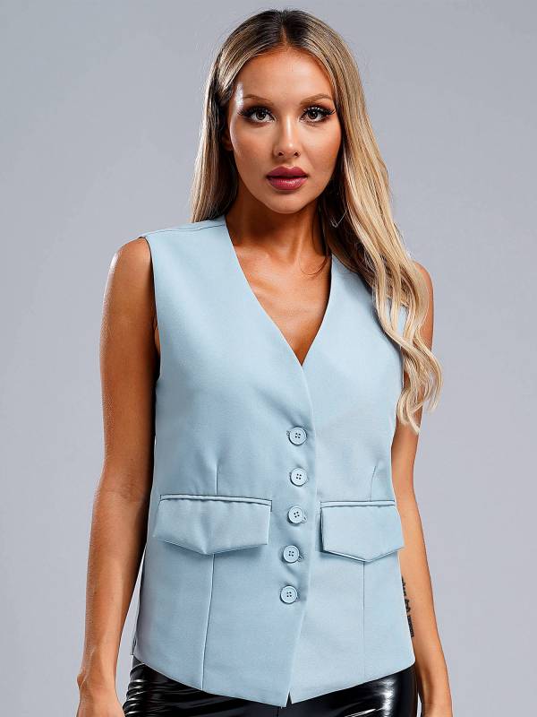 Women V Neck Button-up Solid Color Office Work Vest thumb