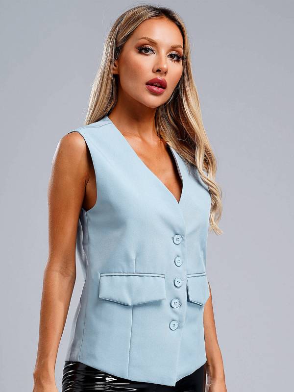 Women V Neck Button-up Solid Color Office Work Vest thumb