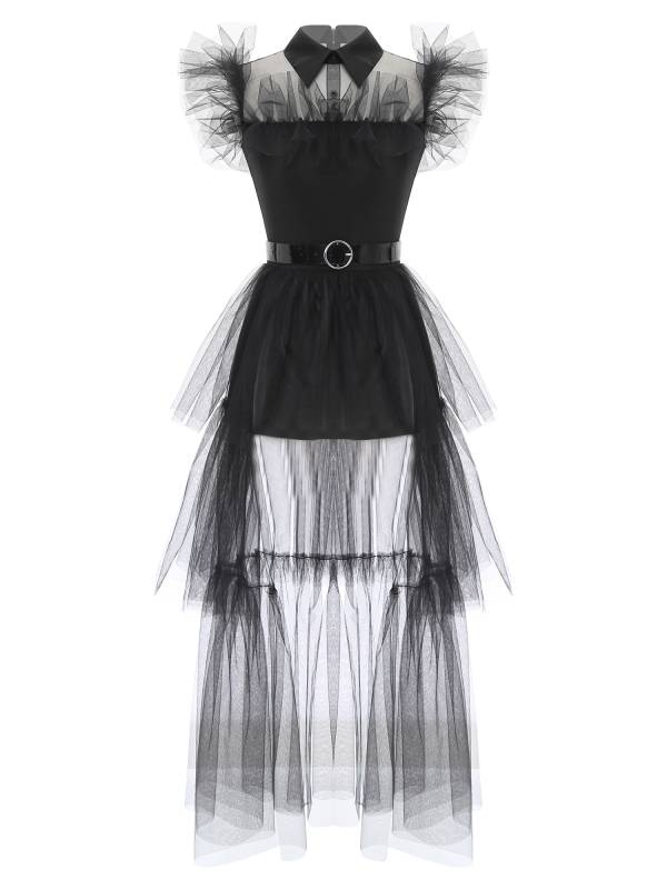 Women Lapel Flutter Sleeve Multi-layer Ruffled Tulle Tiered Dress with Belt thumb