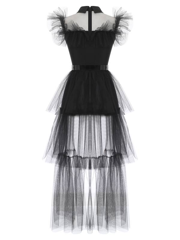 Women Lapel Flutter Sleeve Multi-layer Ruffled Tulle Tiered Dress with Belt thumb