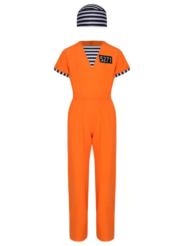 Kids Short Sleeve Back Zipper Prisoner Costume Jumpsuit with Hat thumb