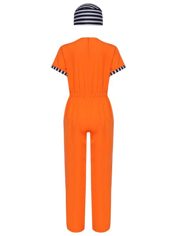 Kids Short Sleeve Back Zipper Prisoner Costume Jumpsuit with Hat thumb