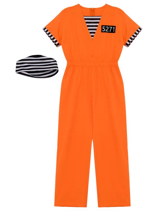 Kids Short Sleeve Back Zipper Prisoner Costume Jumpsuit with Hat thumb