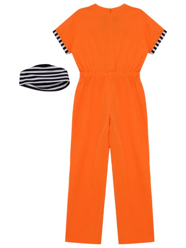 Kids Short Sleeve Back Zipper Prisoner Costume Jumpsuit with Hat thumb