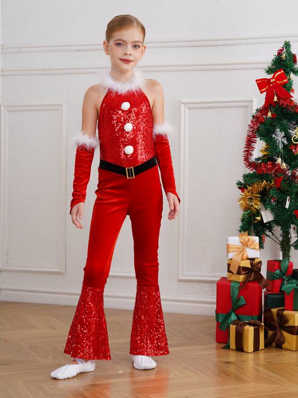 Girl Christmas Sleeveless Velvet Sequins Jumpsuit with Arm Sleeve thumb