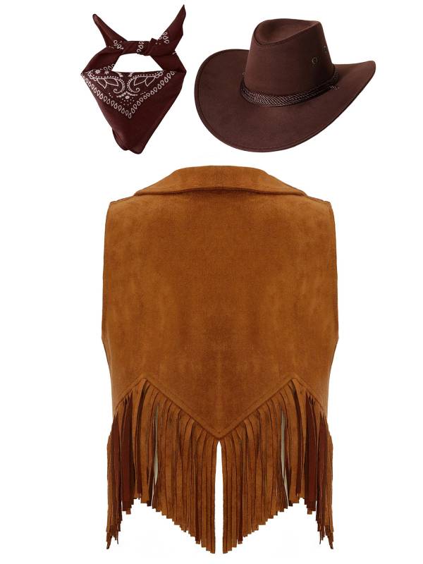 Girl 3pcs Cowgirl Costume Suede Tassels Vest with Hat Bandanna Set thumb